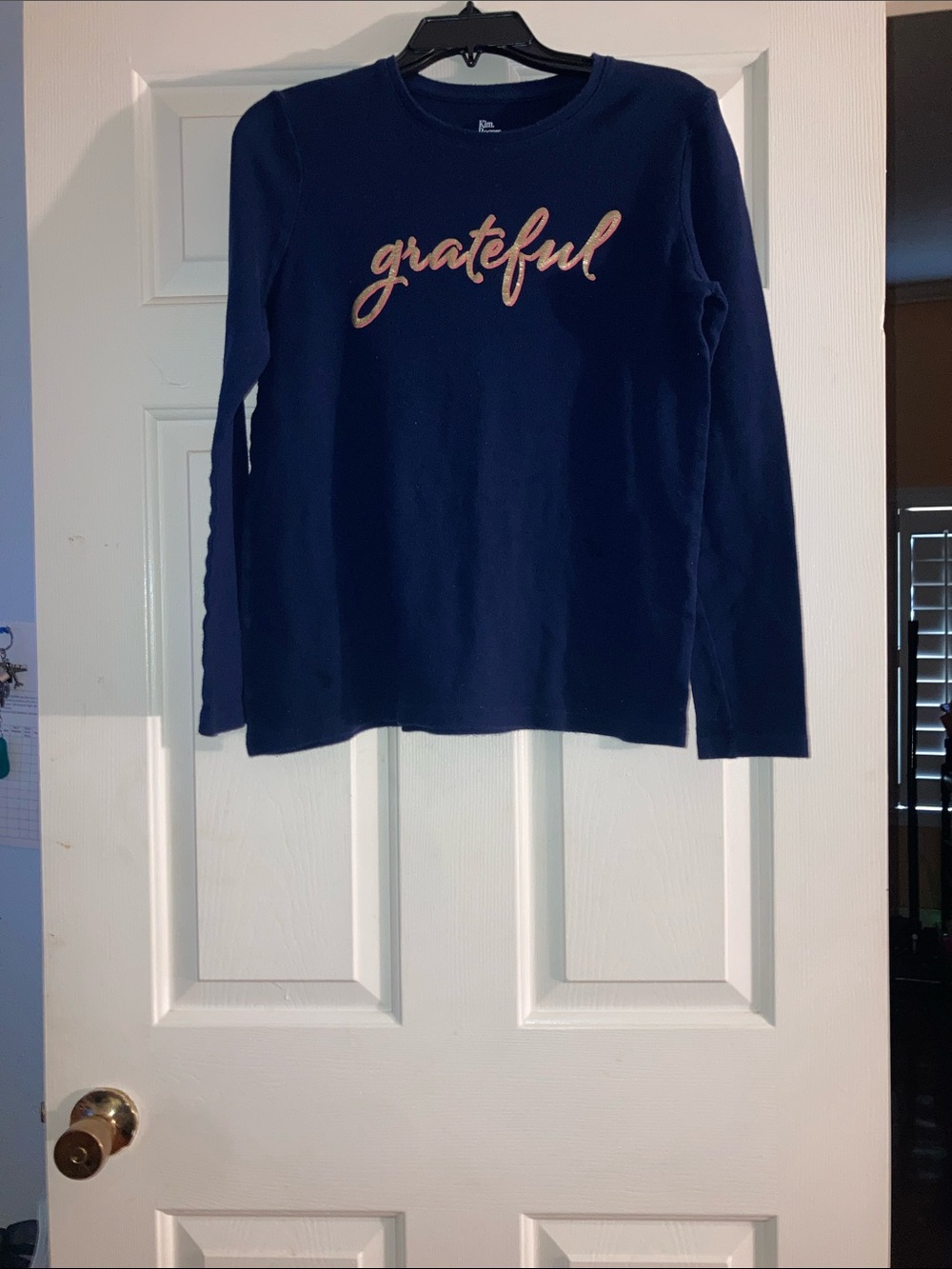 Kim Rogers Navy Tee with Gold Script 'grateful'